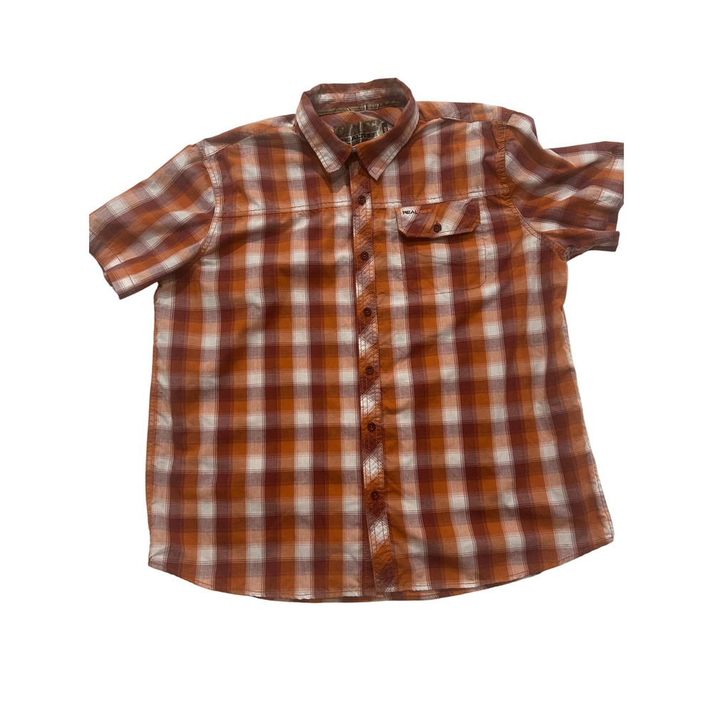 Realtree Plaid Button Up Short Sleeve Casual Shirt‎ Orange Brown XL (552)